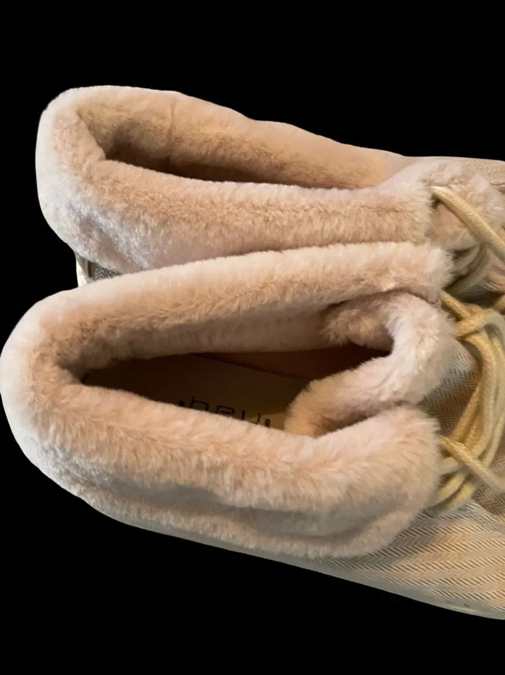 New Hey Dude Herringbone Cream Britt Faux Fur Fold Over Moccasins Shoes Size 9